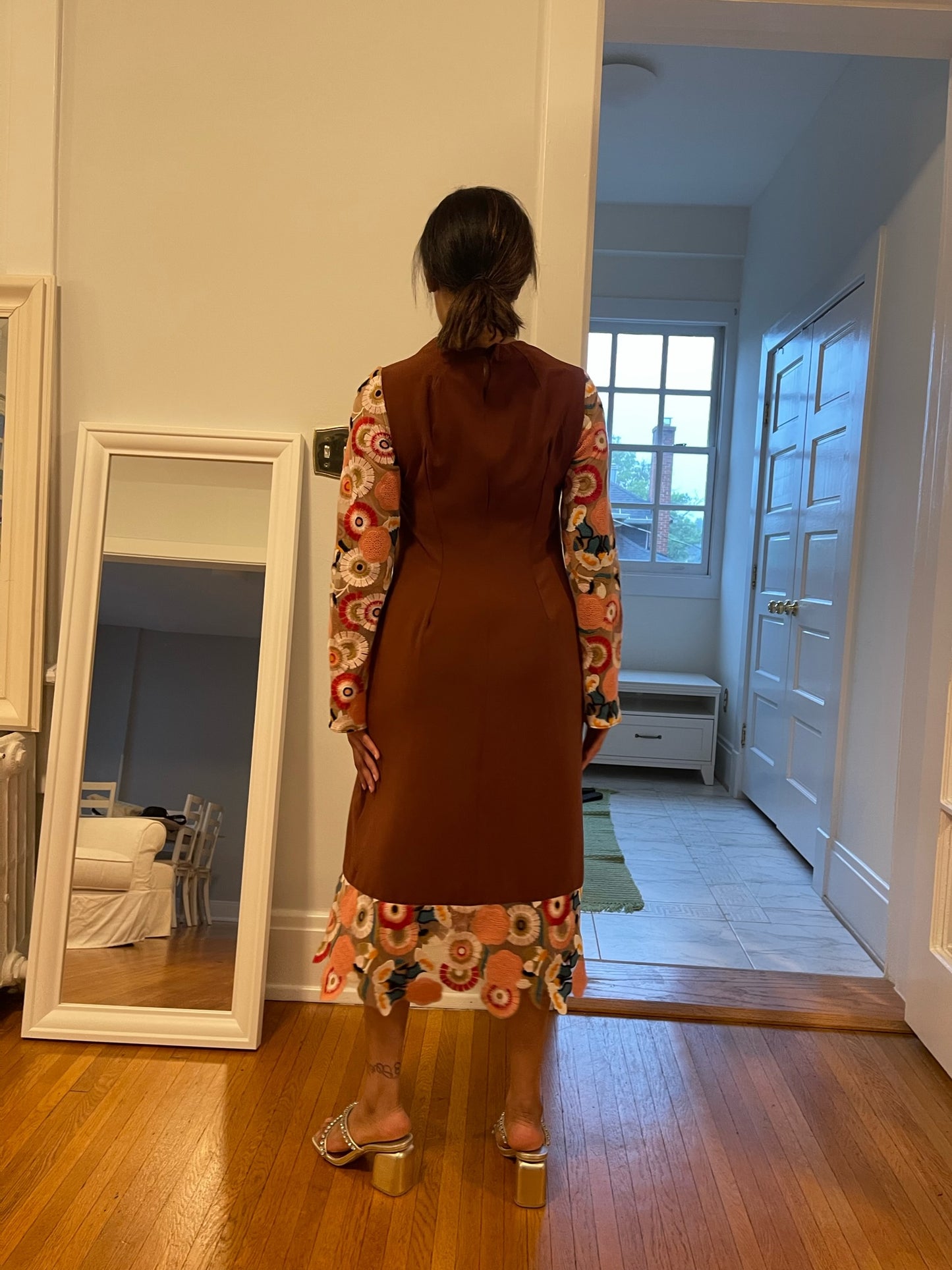 Traditional Mid-Length  Dress Brown With Sheer Flower Sleeves And Trim