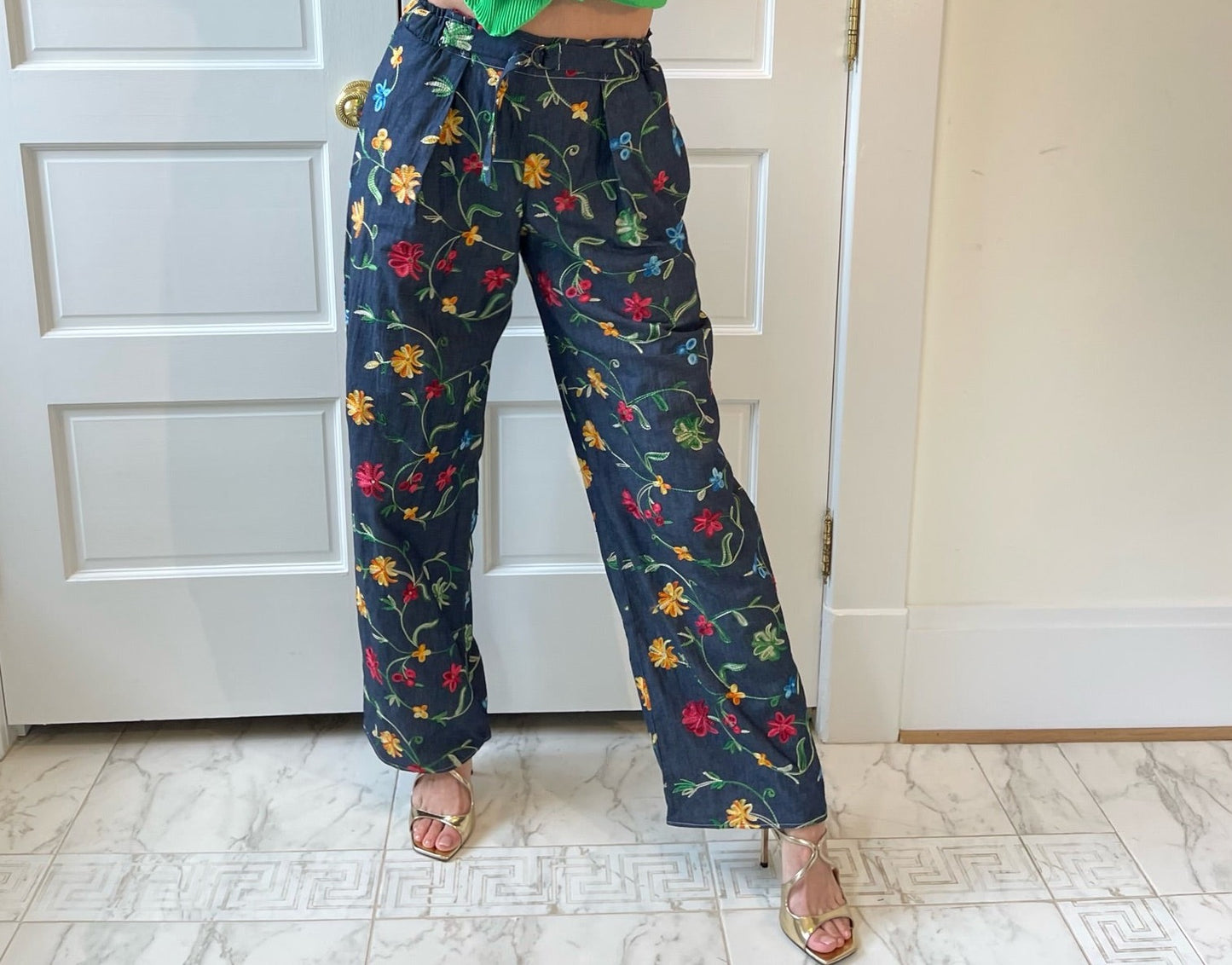 Lightweight Denim Pants- Embroidered Look Floral Print