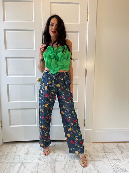 Lightweight Denim Pants- Embroidered Look Floral Print