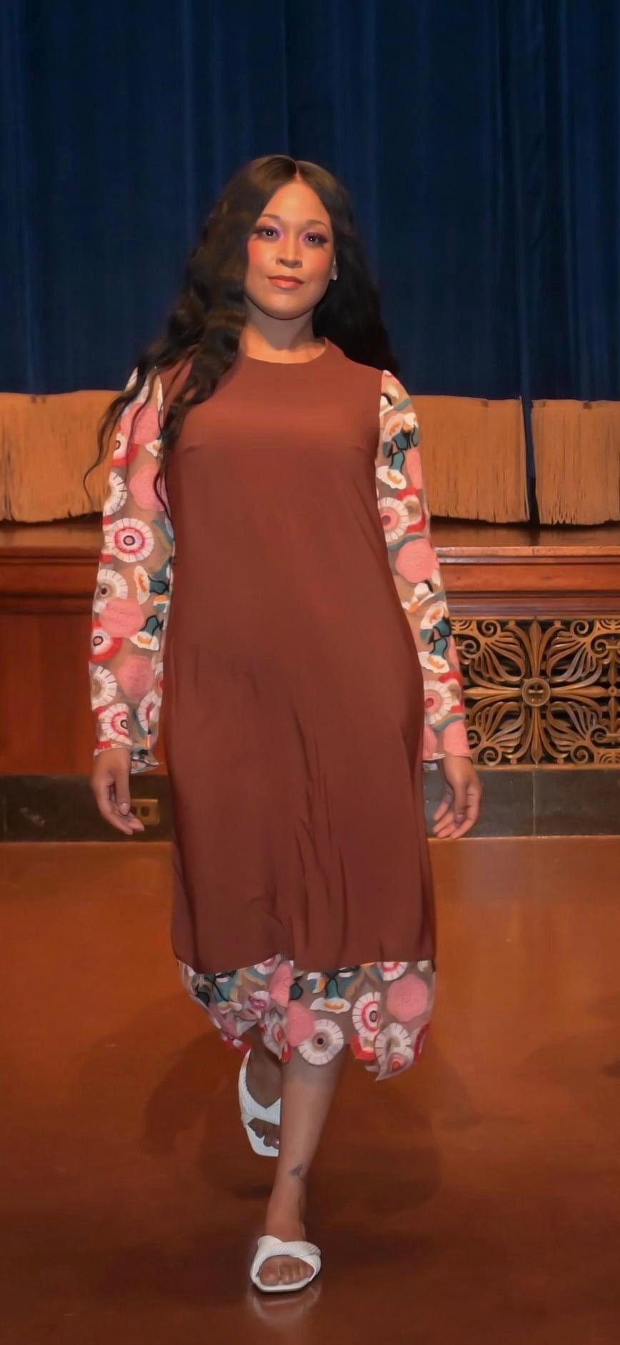 Traditional Mid-Length  Dress Brown With Sheer Flower Sleeves And Trim