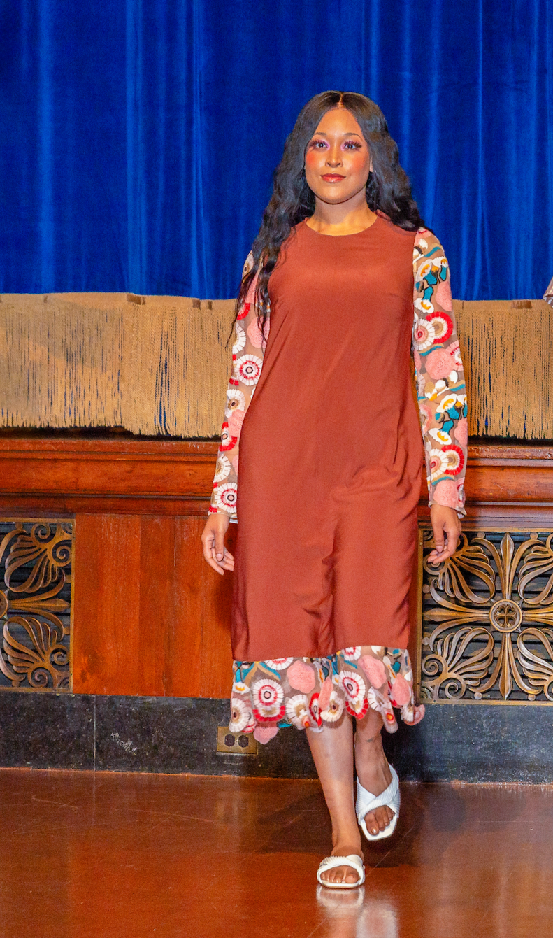 Traditional Mid-Length  Dress Brown With Sheer Flower Sleeves And Trim